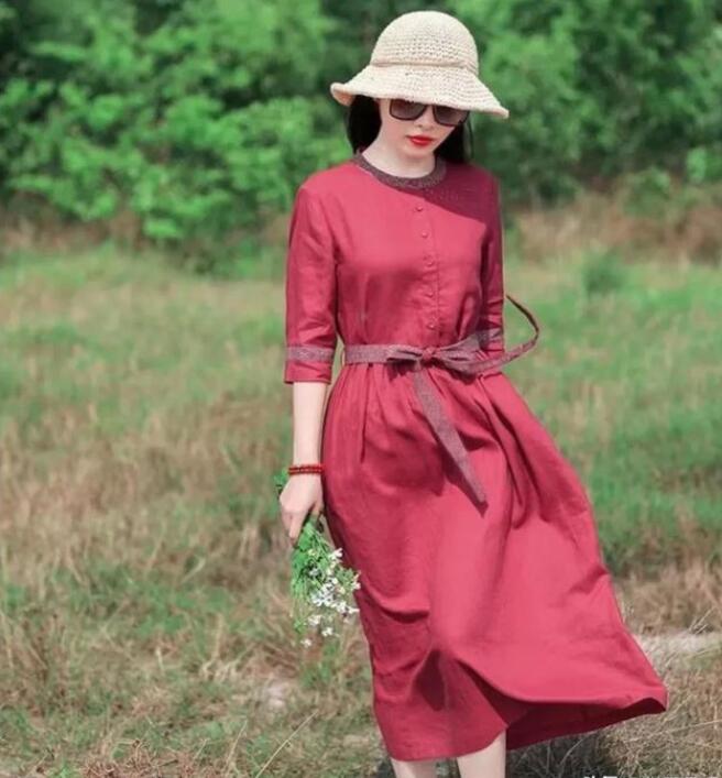 红色棉麻连衣裙