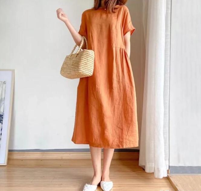 橘色棉麻连衣裙