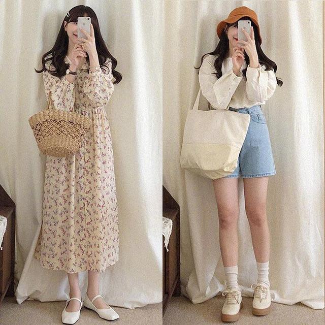 小碎花松紧腰连衣裙 白色圆头奶奶鞋