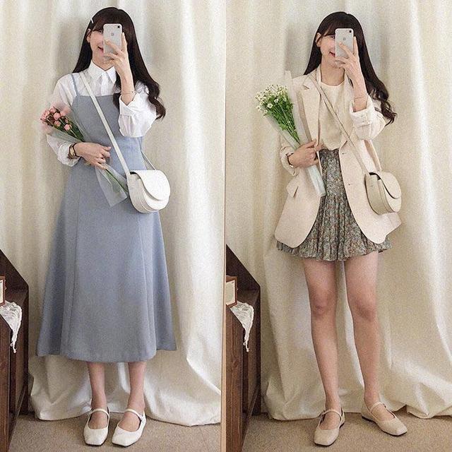 白色衬衫+蓝色吊带裙 白色圆头奶奶鞋