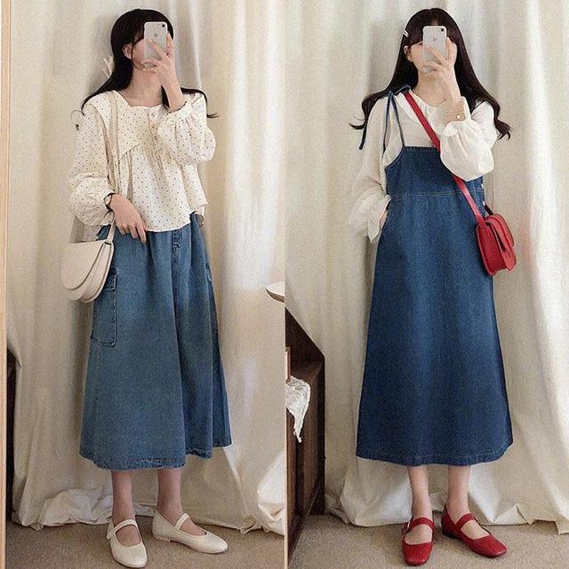 米色波点雪纺衫 蓝色牛仔半身裙