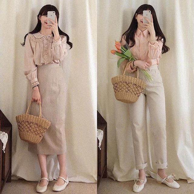  藕粉色雪纺衫 杏色半身长裙