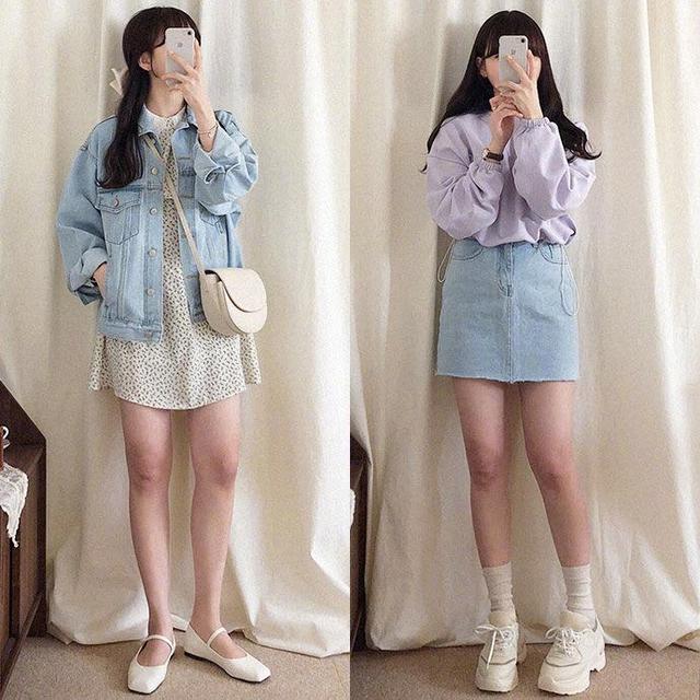 紫色长袖T恤 牛仔半身裙