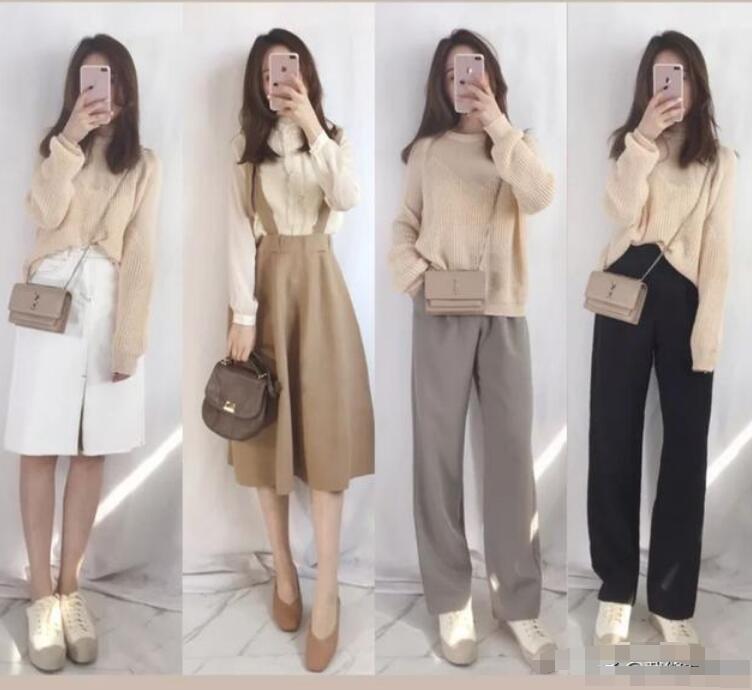 杏色针织衫 背带裙