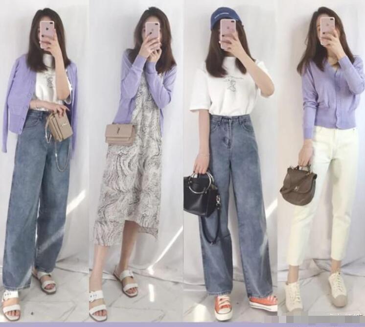 紫色针织衫 牛仔裤